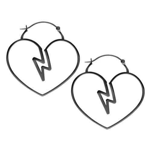 Orecchini neri a forma di cuore con design a fulmine su sfondo bianco