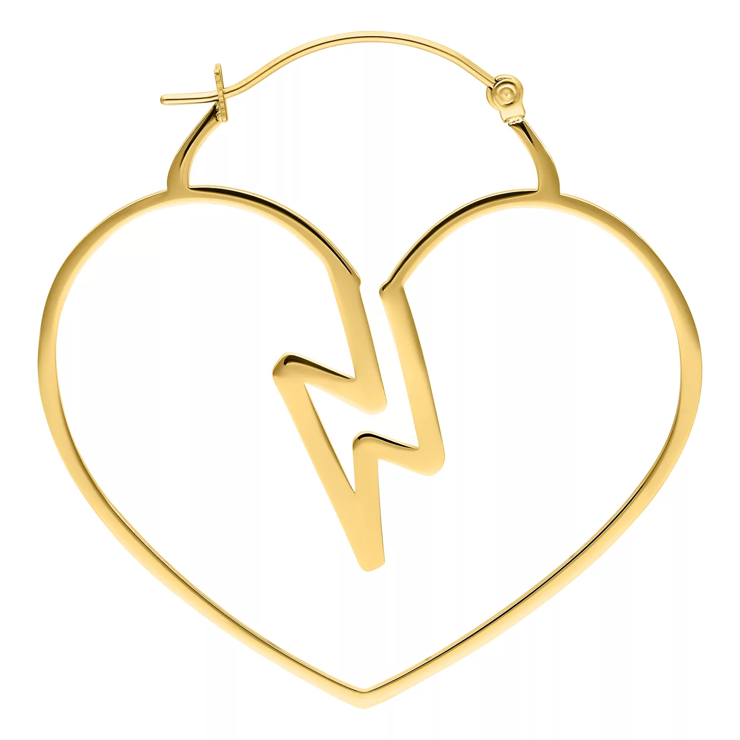 Orecchini Heartbreaker Hoops dorati Orecchini a forma di cuore dorati con chiusura a scatto su sfondo bianco