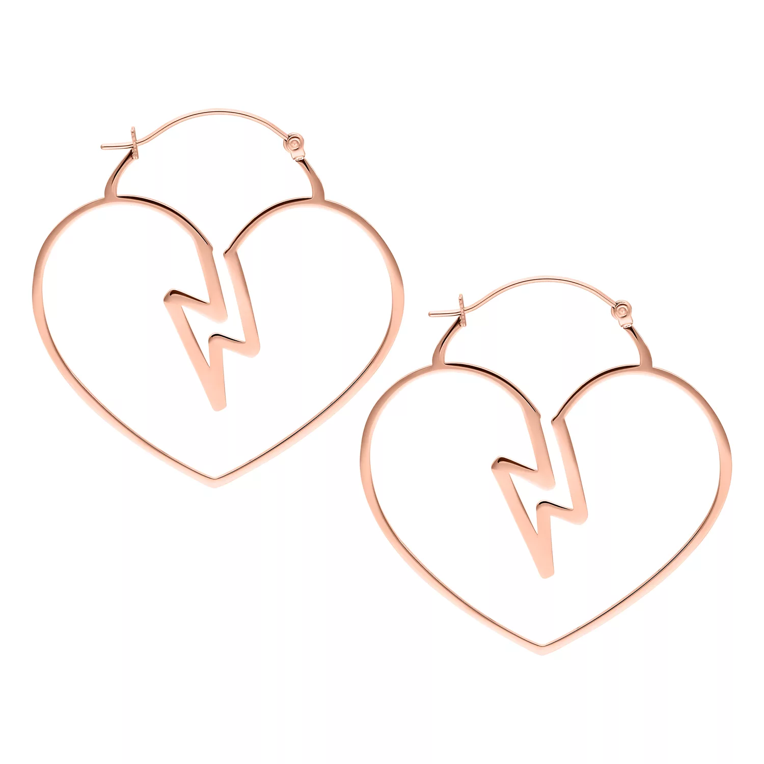 Orecchini a forma di cuore in oro rosa con design a fulmine su sfondo bianco