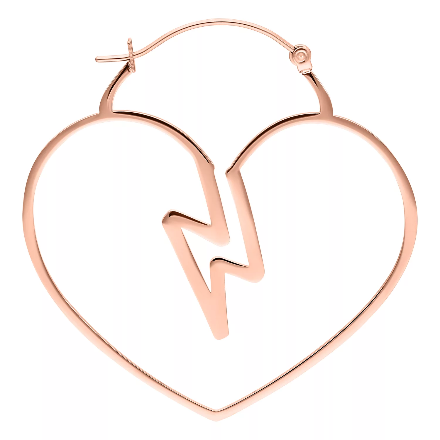 Orecchini a forma di cuore in oro rosa con chiusura a scatto su sfondo bianco