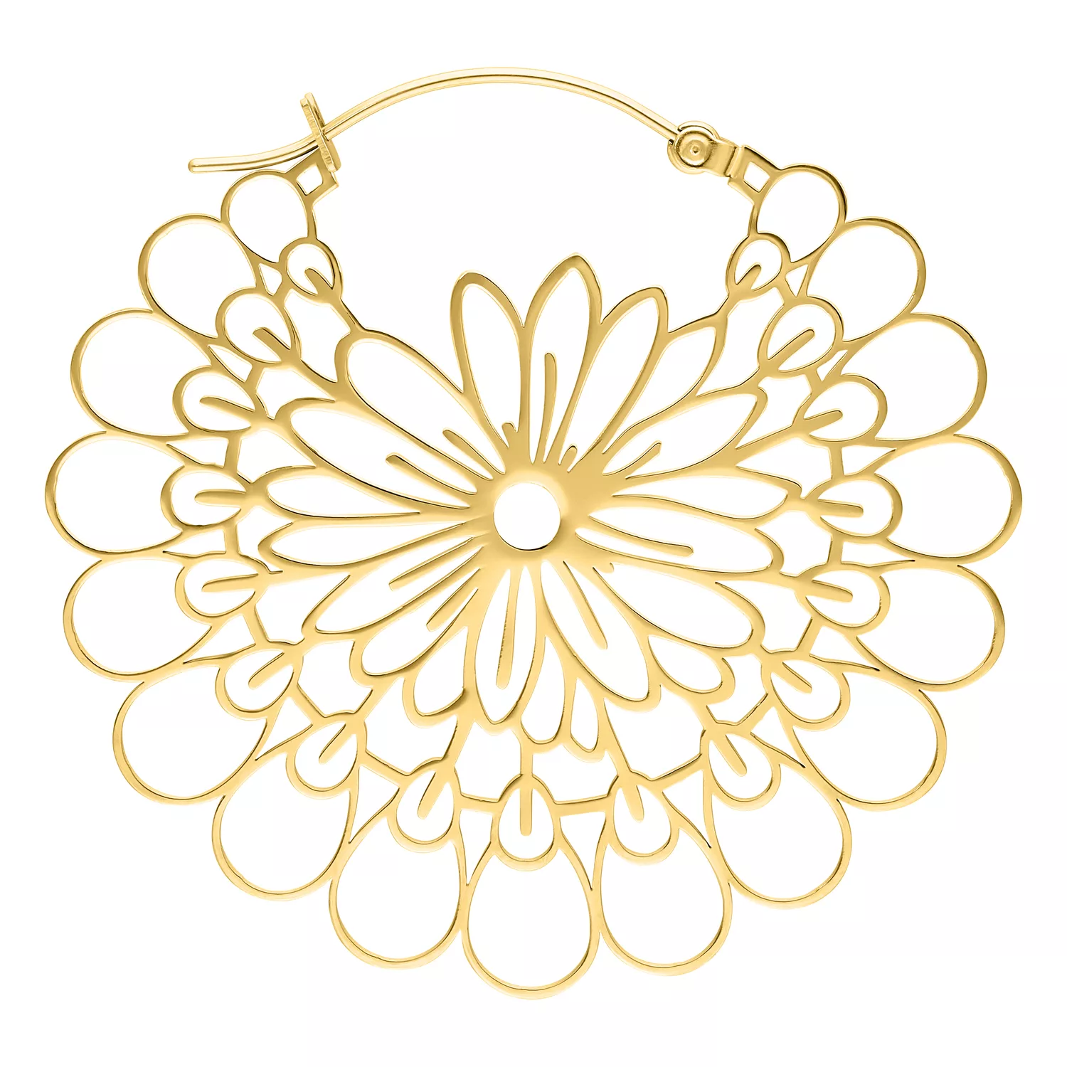 Orecchini Daisy Hoops dorati Grande orecchino dorato a forma di margherita con chiusura a scatto su sfondo bianco