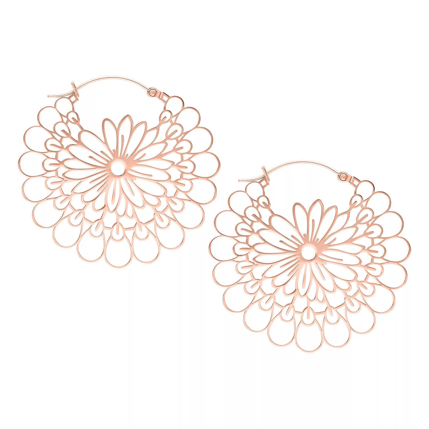 Orecchini Daisy Hoops in oro rosa in acciaio chirurgico su sfondo bianco