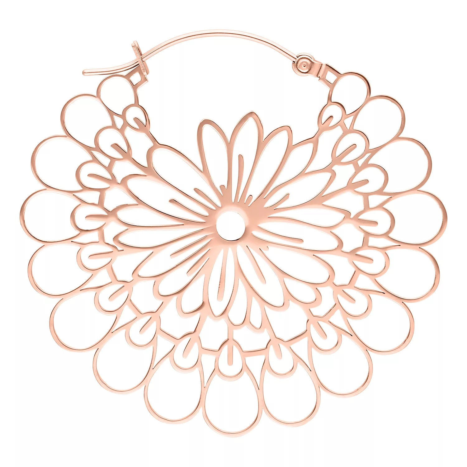 Orecchini Daisy Hoops in oro rosa su sfondo bianco, lucidati a specchio