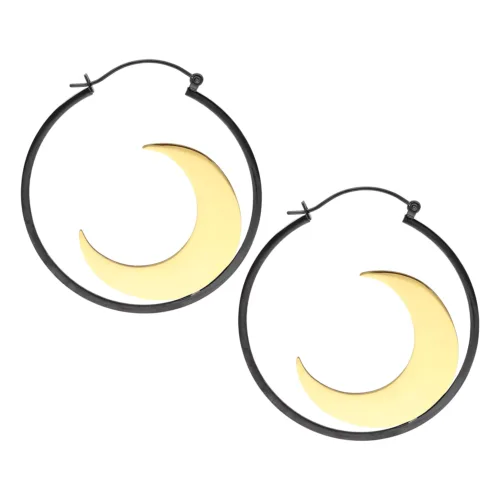 Orecchini rotondi in acciaio chirurgico nero con mezzaluna dorata su sfondo bianco