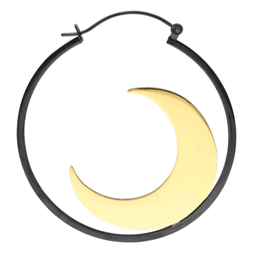 Orecchini Mangata Hoops neri e dorati con design a mezzaluna su sfondo bianco
