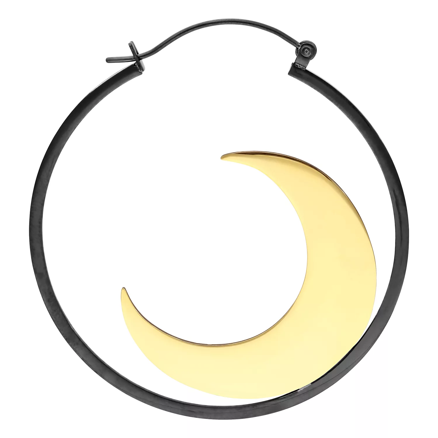 Orecchini Mangata Hoops neri e dorati con design a mezzaluna su sfondo bianco