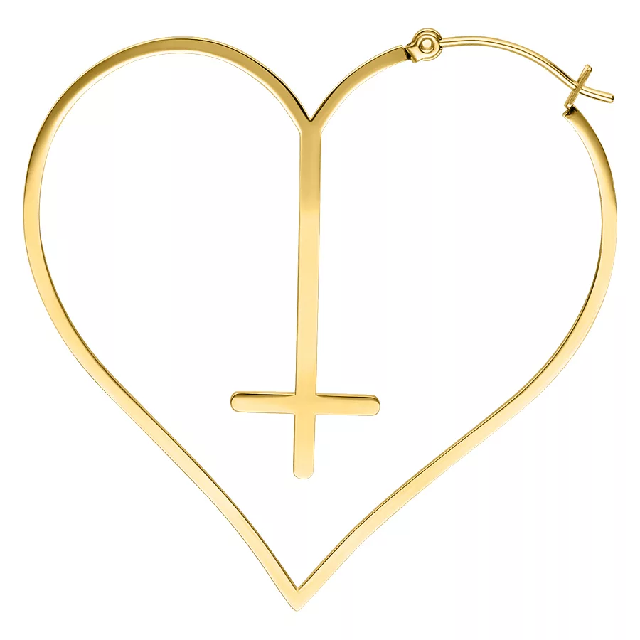 Orecchini a cerchio Cross Heart dorati Orecchini dorati a forma di cuore con motivo a croce su sfondo bianco