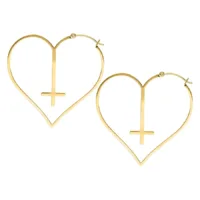Orecchini a cerchio dorati con cuore e croce Due cerchi dorati a forma di cuore con croce su sfondo bianco