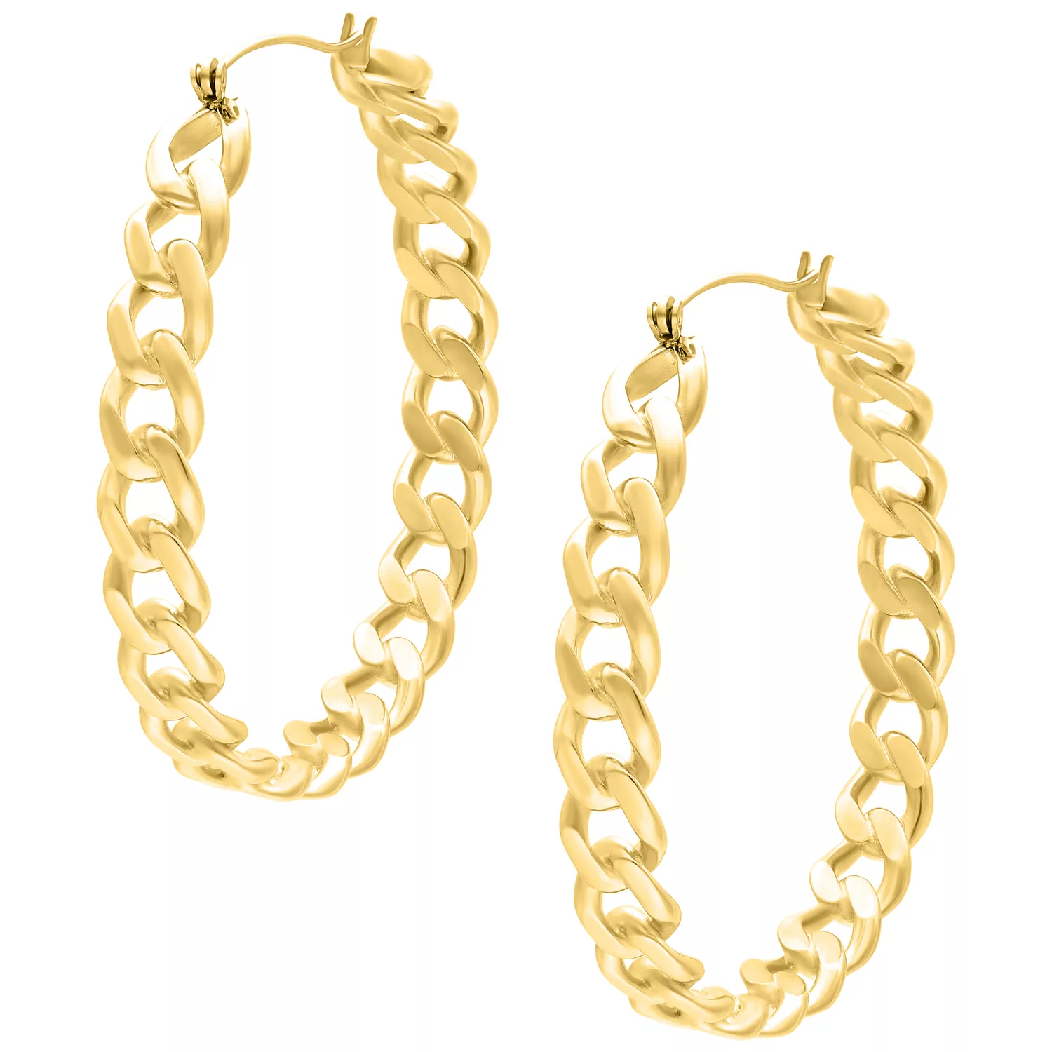 Due orecchini a cerchio Curbchain dorati su sfondo bianco