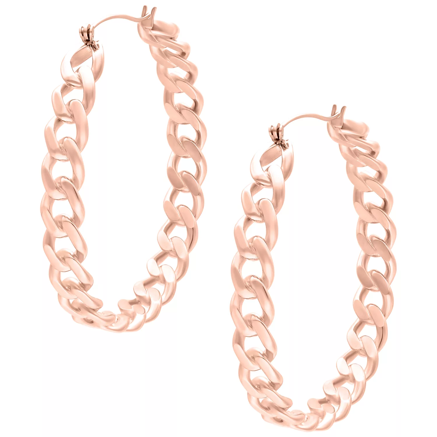 Due lucenti Curbchain Hoops in oro rosa su sfondo bianco