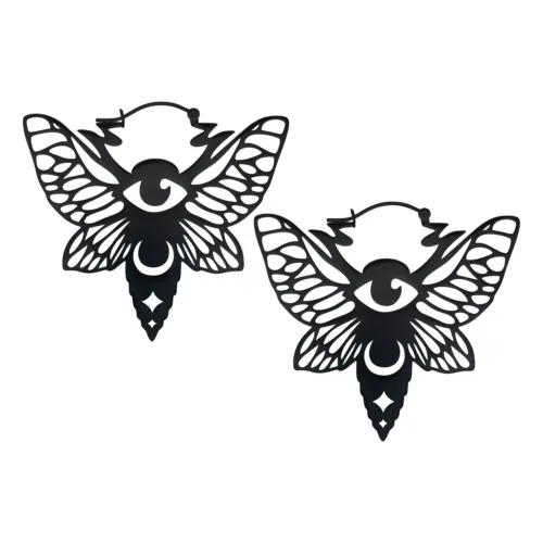 Orecchini Moth Hoops neri con design di ali e occhi su sfondo bianco