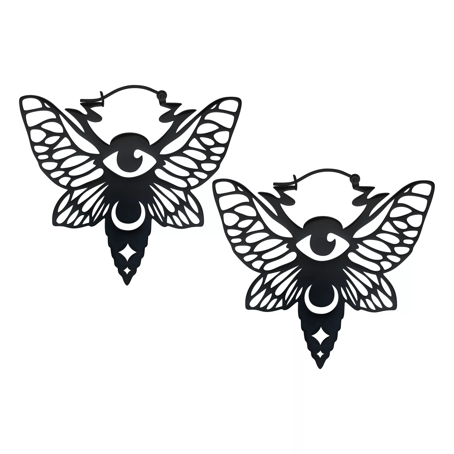 Orecchini Moth Hoops neri con design di ali e occhi su sfondo bianco