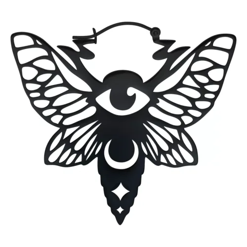 Orecchini neri a forma di farfalla con occhio e mezzaluna su sfondo bianco