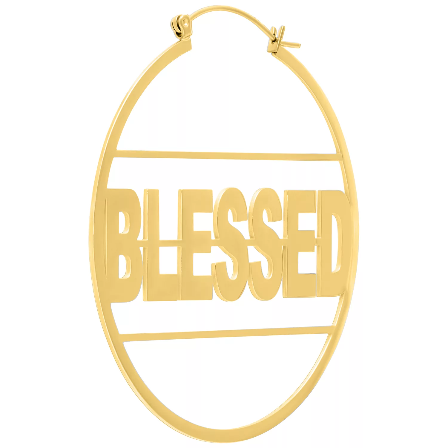 Orecchini dorati con scritta 'Blessed' su sfondo bianco