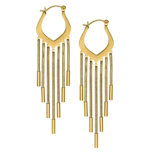 Orecchini dorati con design a catena di serpente e chiusura a scatto su sfondo bianco