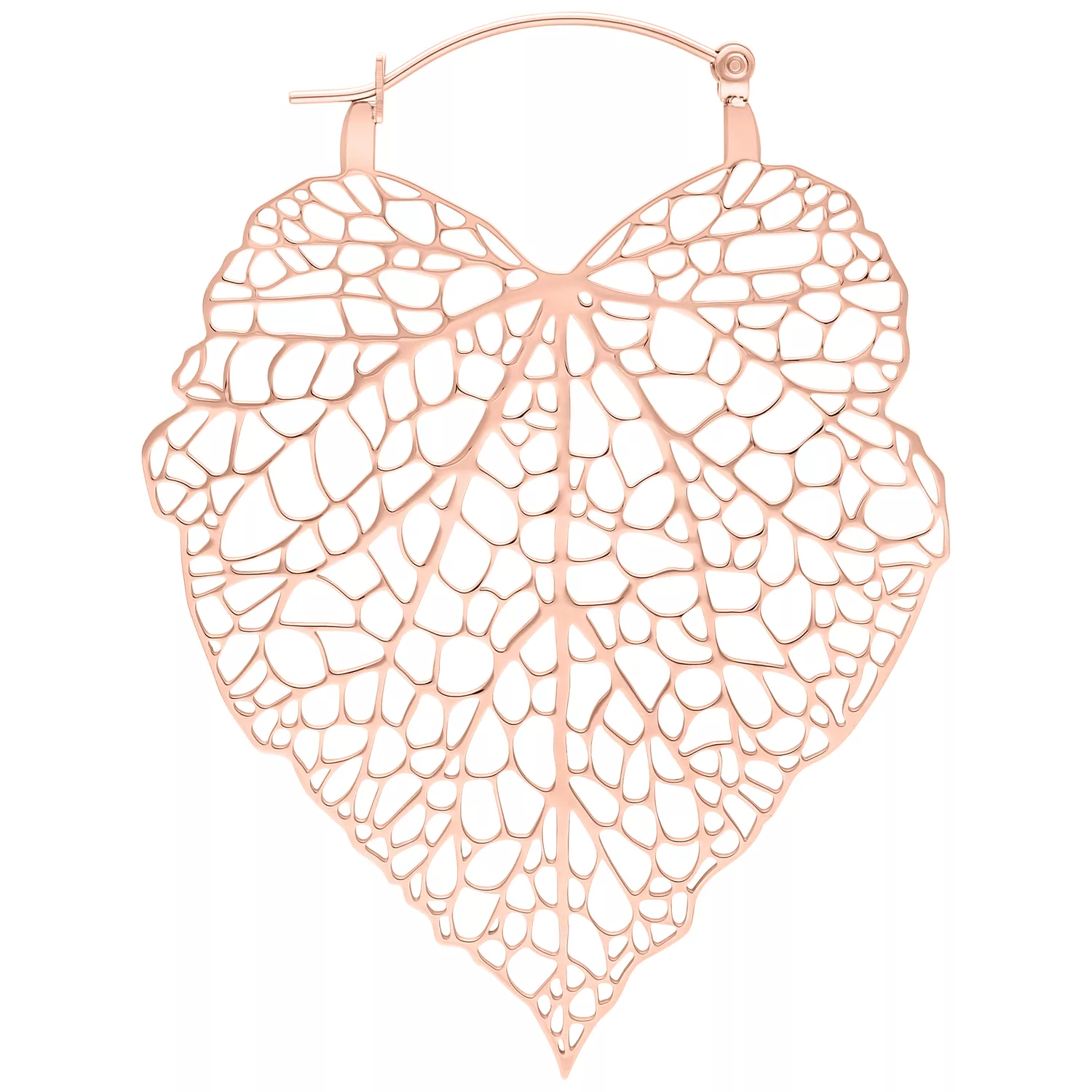 Orecchini in oro rosa a forma di foglia con design filigranato su sfondo bianco