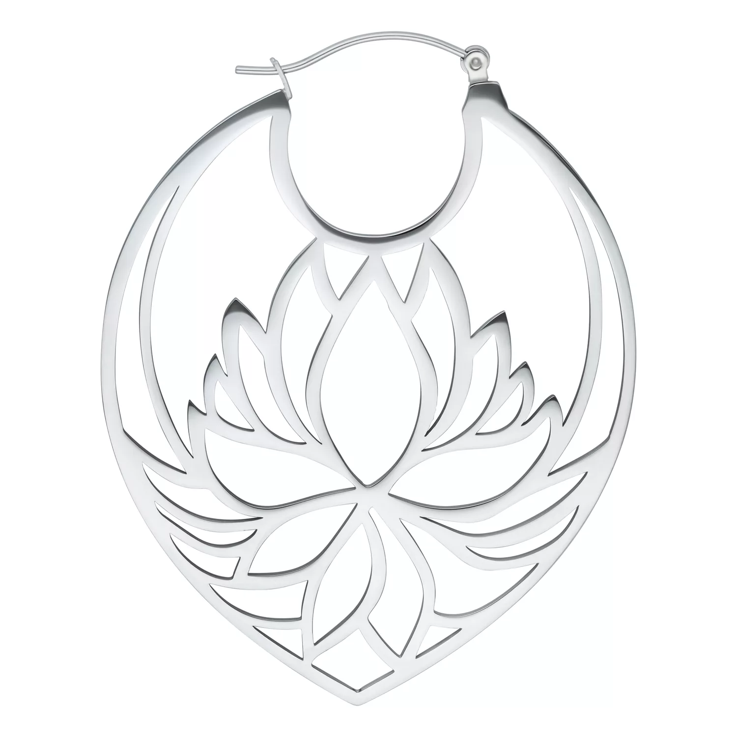 Orecchini Lotus Hoops in acciaio inossidabile argentato su sfondo bianco