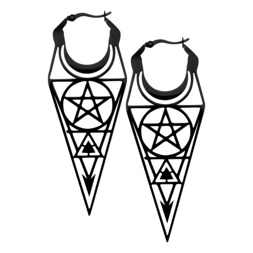 Orecchini in acciaio nero con design geometrico e chiusura a scatto su sfondo bianco