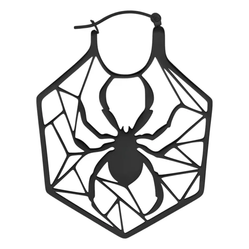 Orecchini in acciaio inossidabile nero con design a ragnatela su sfondo bianco