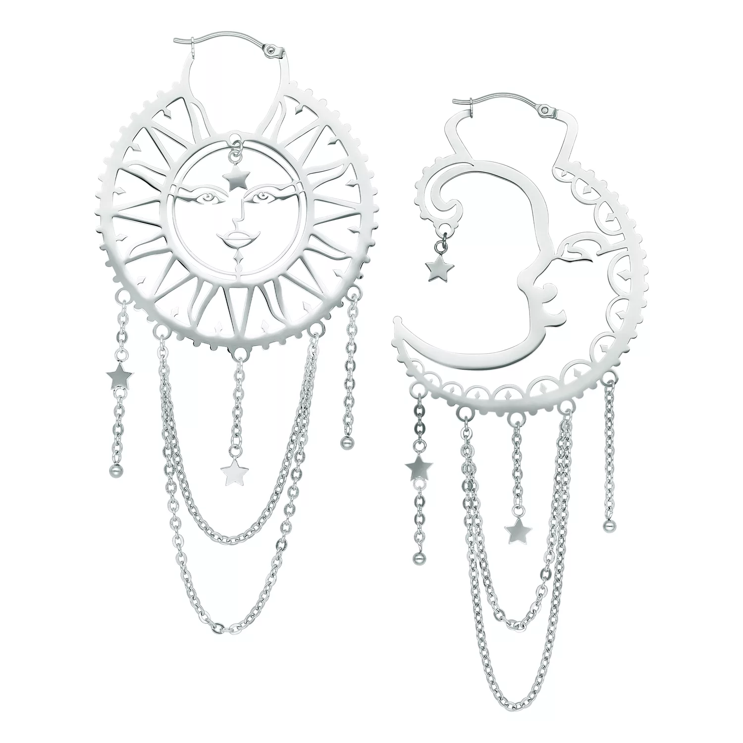 Orecchini in argento a forma di sole e luna con catene e stelle