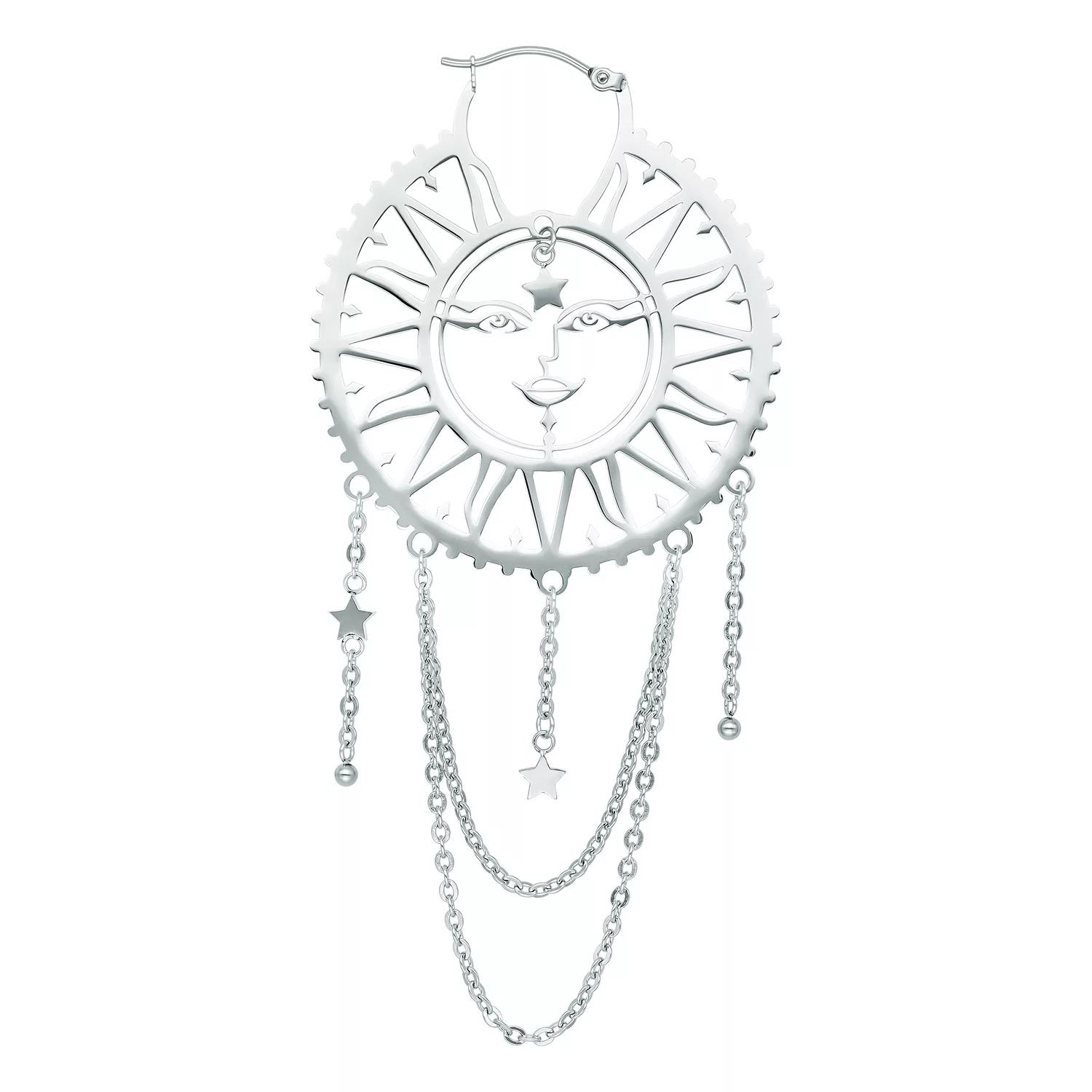 Orecchini Oldschool Sun Moon in argento con design sole-luna su sfondo bianco