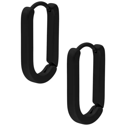 Due orecchini a cerchio neri in acciaio chirurgico su sfondo bianco