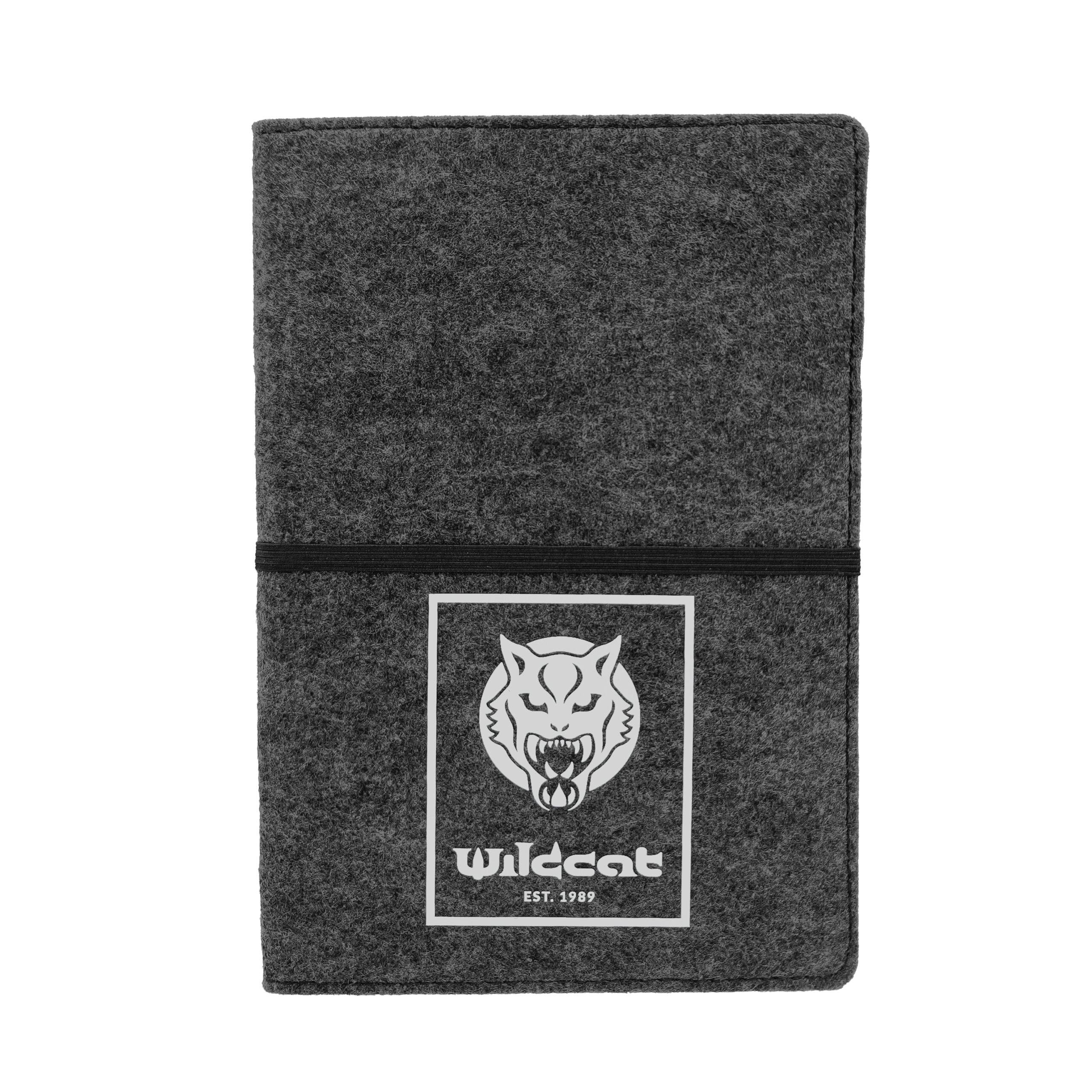 Taccuino grigio Wildcat con logo Taccuino grigio in feltro con logo Wildcat e fascia elastica