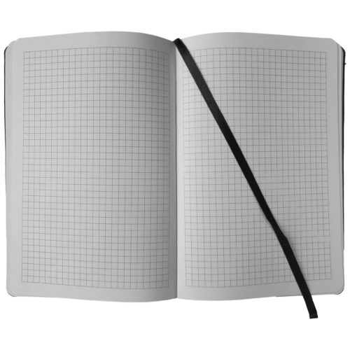 Wildcat Notebook aperto con motivo a quadri e segnalibro nero su sfondo bianco