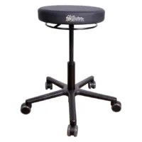 Sgabello da lavoro rotondo R1 Pro nero con seduta in similpelle e struttura in alluminio su sfondo bianco