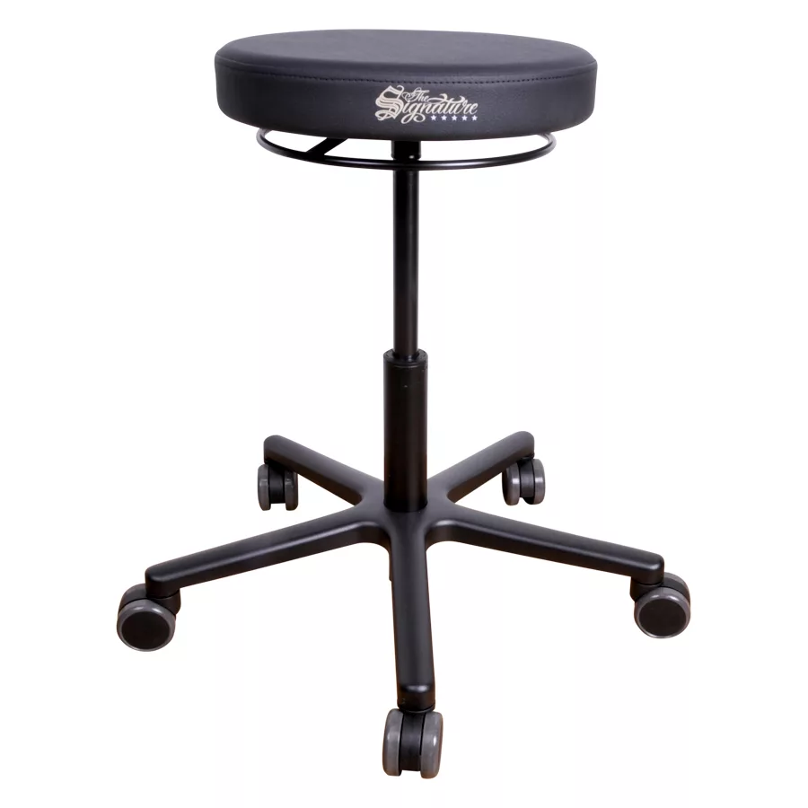 Sgabello da lavoro rotondo R1 Pro nero con seduta in similpelle e struttura in alluminio su sfondo bianco