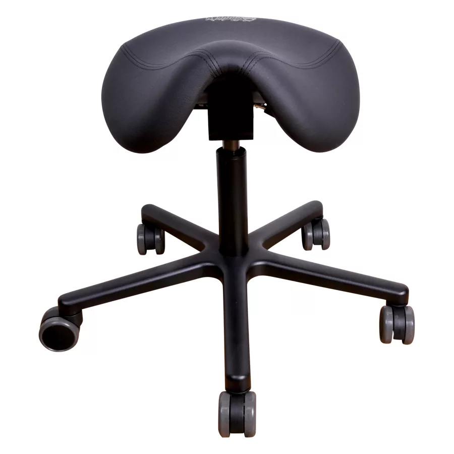 Sedia da lavoro T2 Pro nera in ecopelle Sedia da lavoro T2 Pro nera con sedile a sella e base in alluminio su sfondo bianco