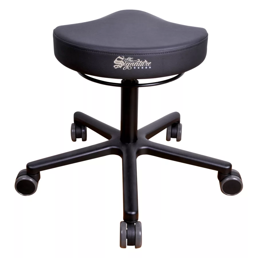 Sedia da lavoro rotonda R2 Pro in similpelle nera con base in alluminio