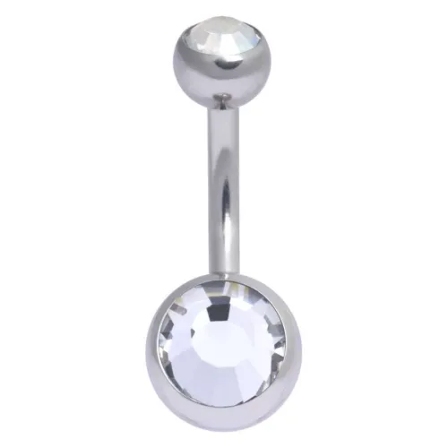 Piercing all'ombelico in argento con due cristalli chiari su sfondo bianco