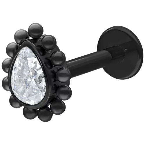 Labret nero con goccia di cristallo su sfondo bianco
