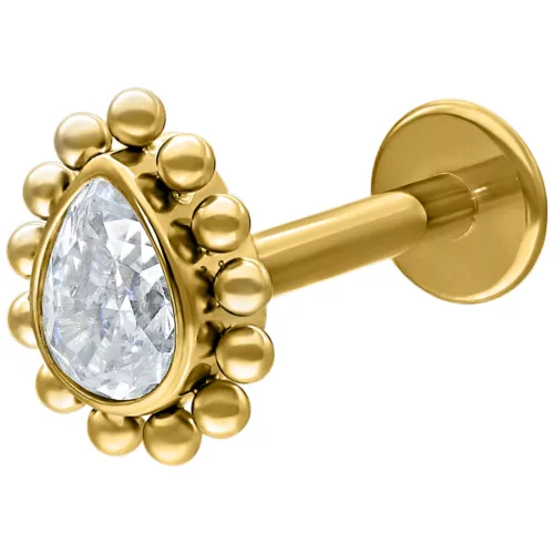 Labret in titanio dorato con goccia di cristallo, Push-Fit, su sfondo bianco