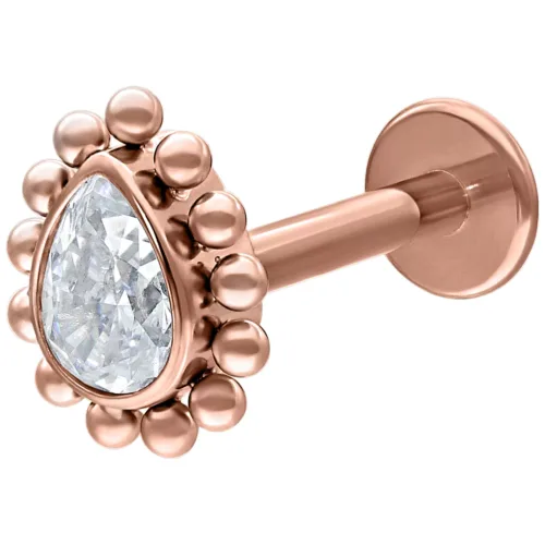 Labret Push-Fit in oro rosa con cristallo chiaro a forma di goccia su sfondo bianco
