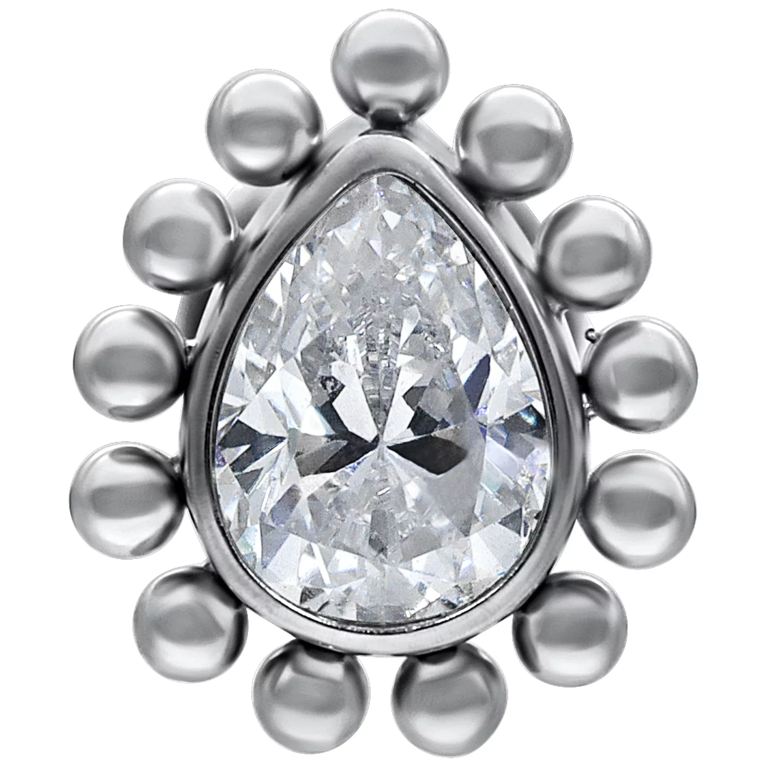 Labret push-fit in oro bianco con goccia di cristallo su sfondo bianco