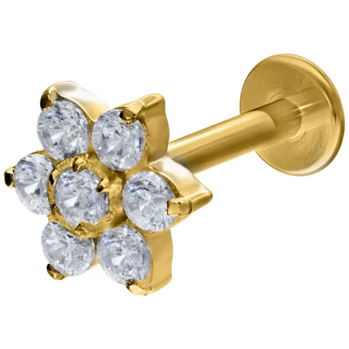 Labret dorato con cristalli a forma di fiore su sfondo bianco