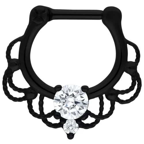 Clicker per setto nasale nero con cristallo chiaro ed elementi decorativi