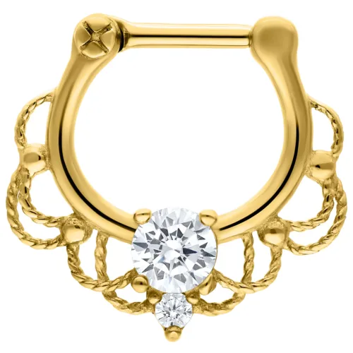 Clicker per setto nasale dorato con due cristalli chiari e dettagli decorativi.