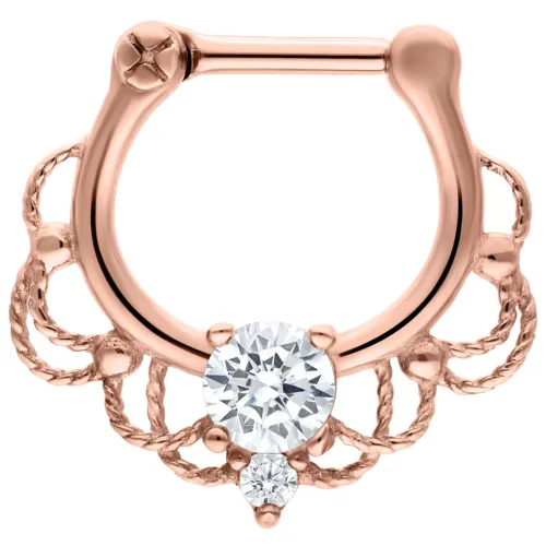 Clicker per setto in oro rosa con cristallo chiaro ed elementi decorativi su sfondo bianco