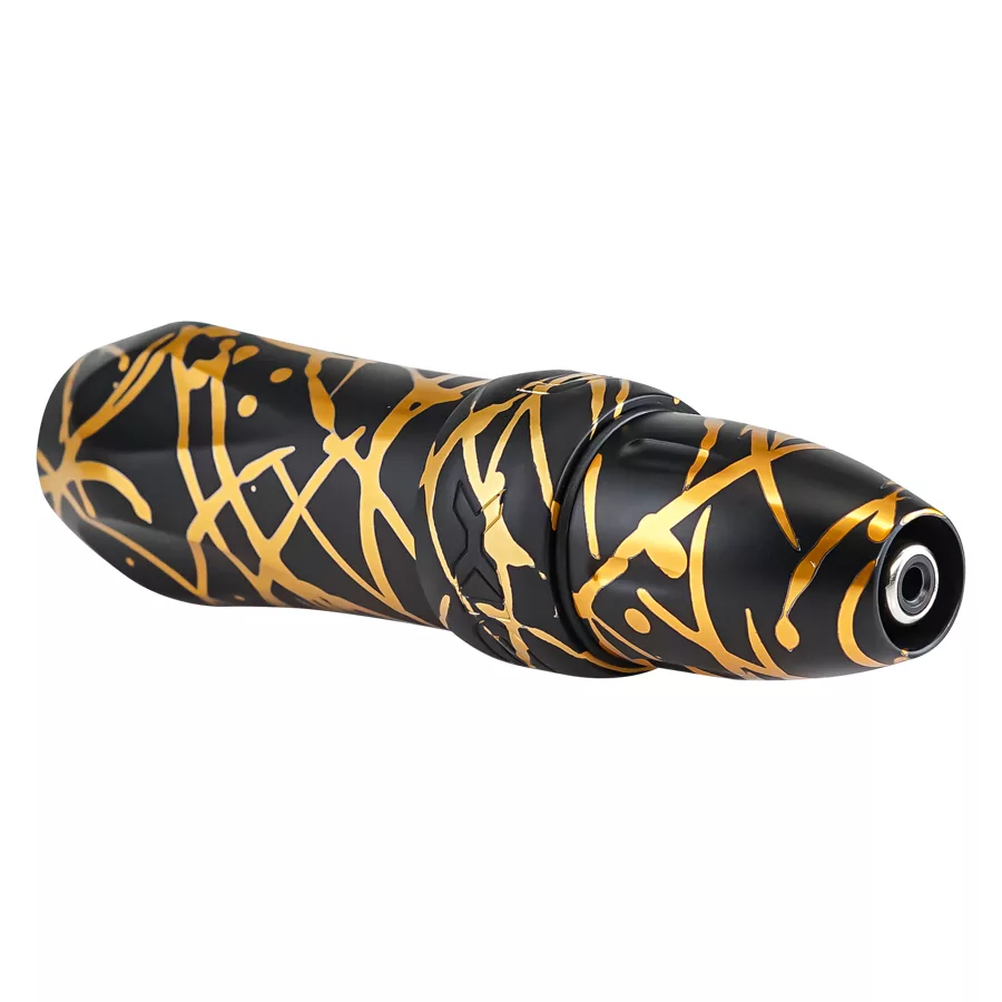 Macchina per tatuaggi Spektra Xion Pen in nero con motivi dorati su sfondo bianco