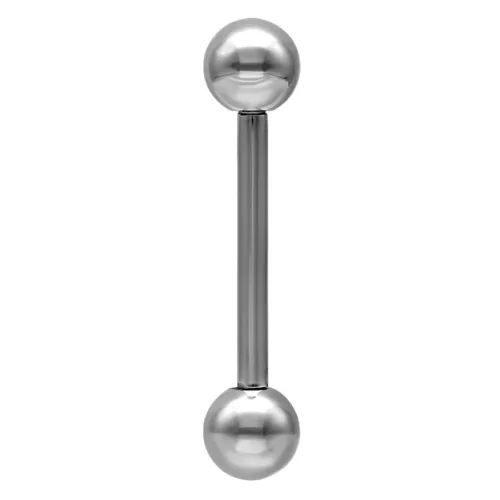 Barbell in titanio argento con sfere su entrambe le estremità su sfondo bianco