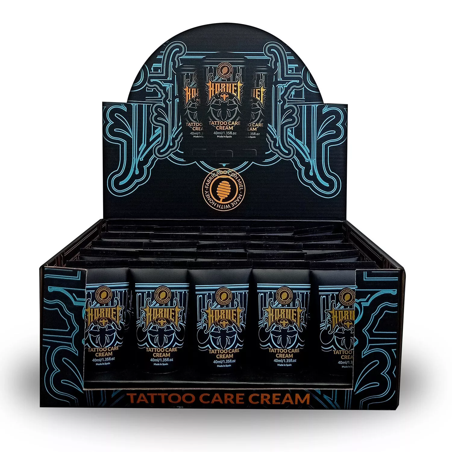 Scatola nera con tubetti di crema per tatuaggi Hornet e decorazioni blu