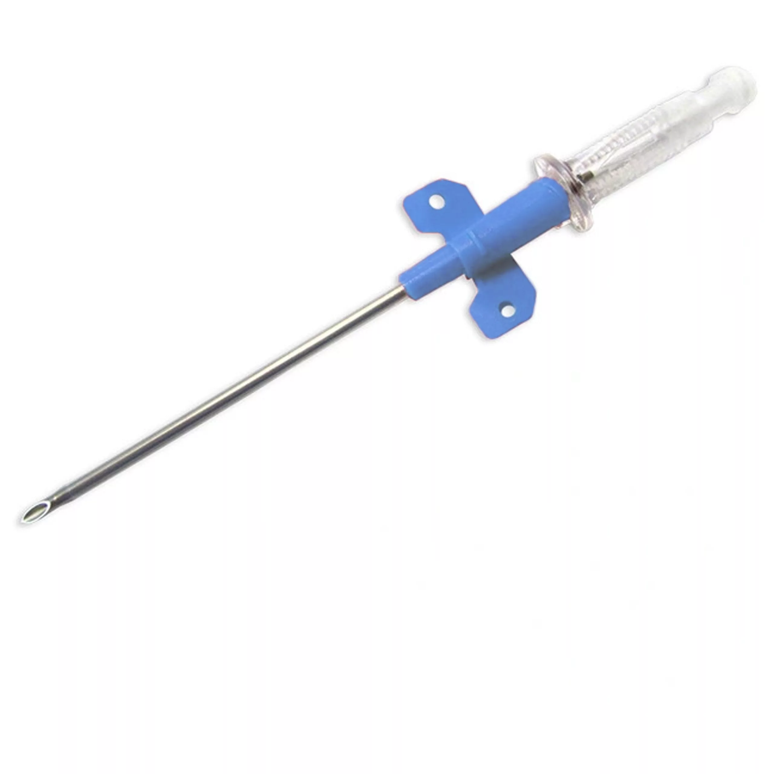 Ago per piercing con manico blu e punta trasparente su sfondo bianco