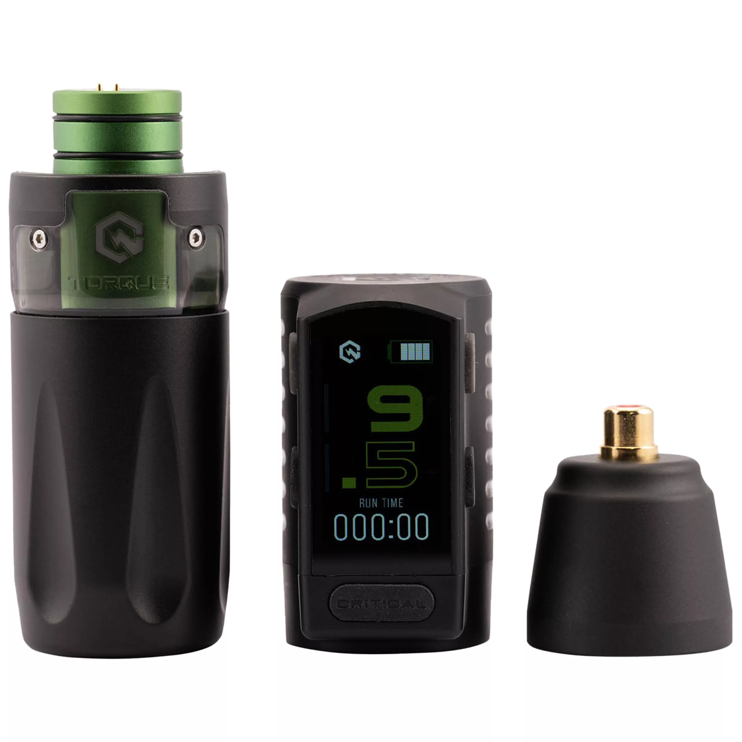 Set di macchine per tatuaggi Critical Torque 3.5 nero con accento verde su sfondo bianco