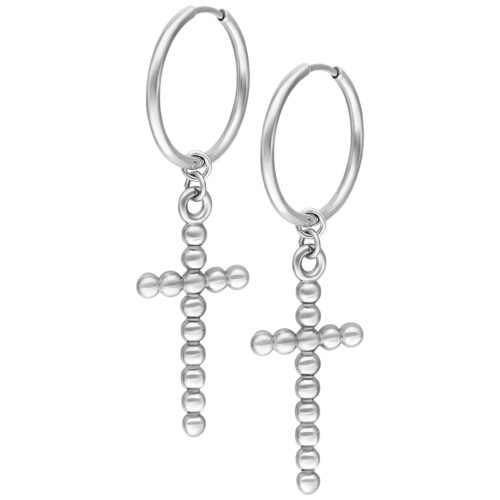 Due cerchi in argento con pendente a croce di sfere su sfondo bianco