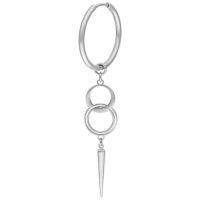 Orecchini in argento con due anelli e ciondolo appuntito su sfondo bianco
