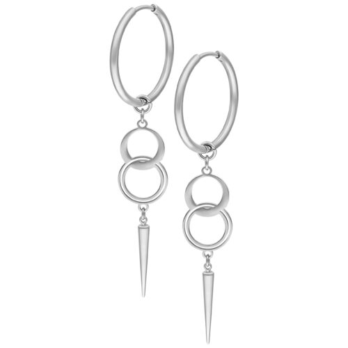 Hoops in argento con due anelli e ciondolo appuntito su sfondo bianco