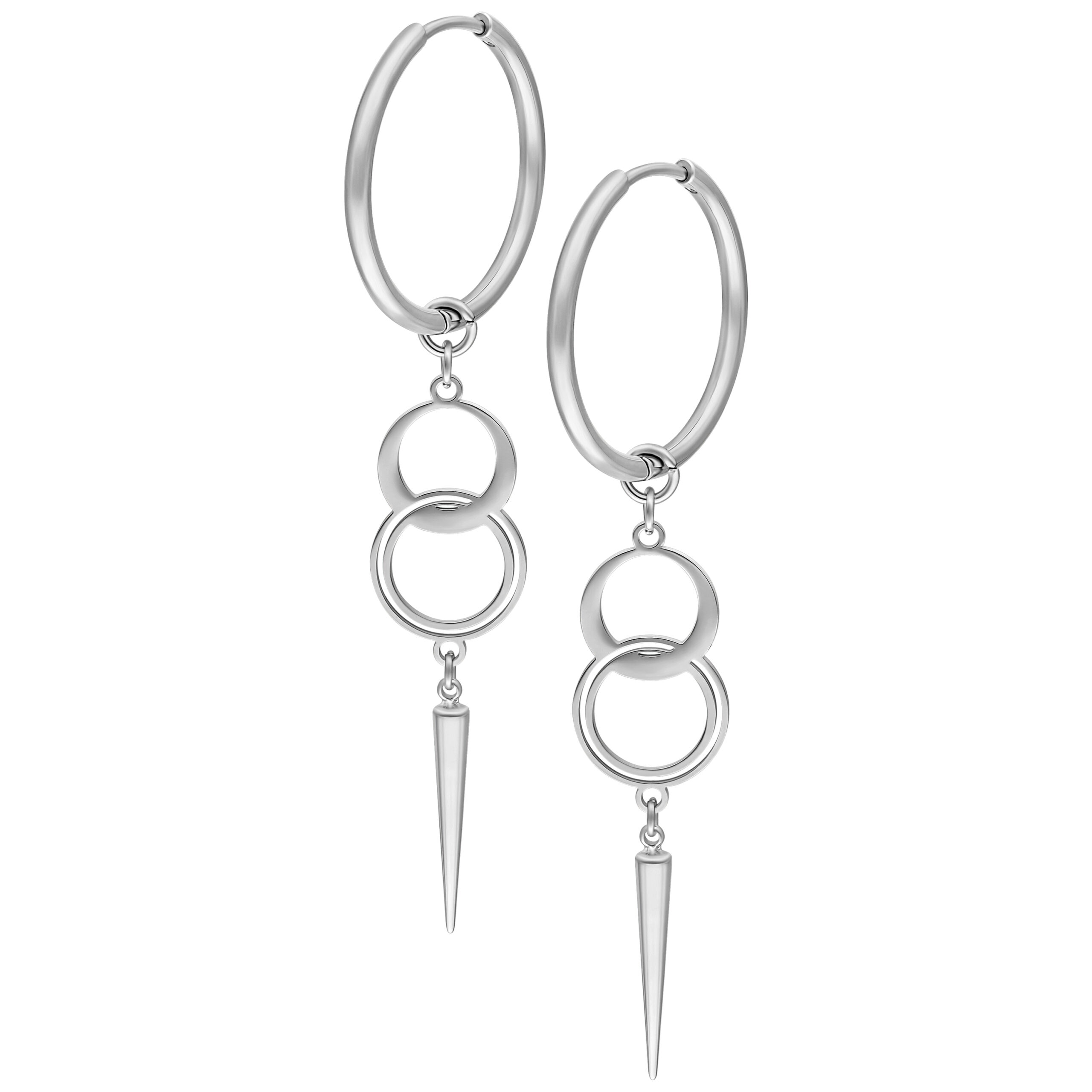 Hoops in argento con due anelli e ciondolo appuntito su sfondo bianco